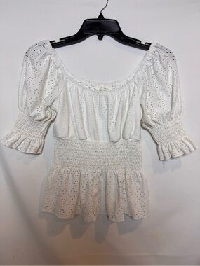 White Eyelet Smocked Peplum Top Small